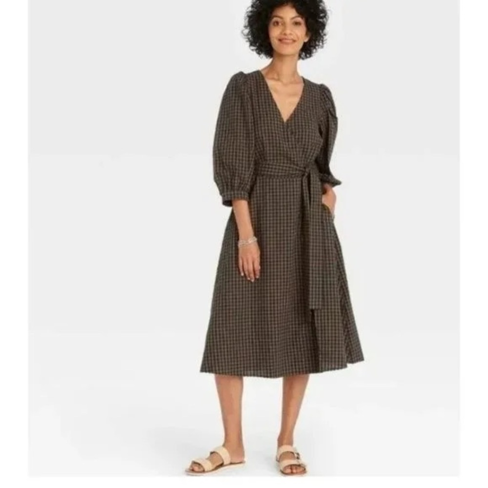A NEW DAY brown blue plaid faux wrap dress gingham puff sleeve XL